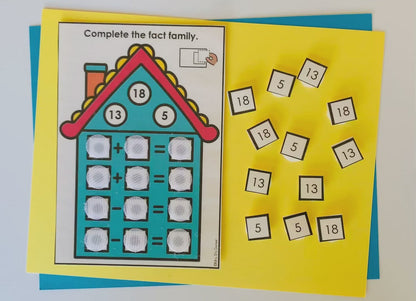 Addition and Subtraction Fact Families Work Bin Task Cards | Centers for Special Ed