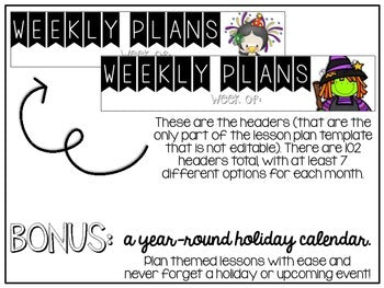 Themed Editable Weekly Lesson Plans { BONUS Holiday Calendar }