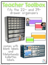 Load image into Gallery viewer, Editable Melonheadz Teacher Toolbox Labels { fits 22- and 39- drawer organizer }