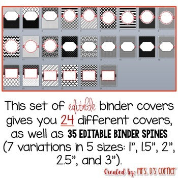 Editable Binder Covers { Black White and Red } with Editable Spines