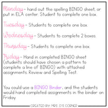 Load image into Gallery viewer, Spelling BINGO Sheets - Spelling Menu ( for ELA centers or Homework )