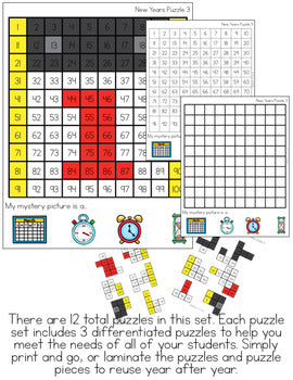 New Years Mystery Picture Hundred's Chart Puzzles