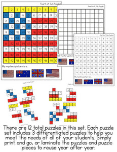 4th of July Mystery Picture Hundred's Chart Puzzles | Independence Day Puzzles