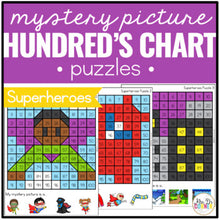Load image into Gallery viewer, Superheroes Mystery Picture Hundred&#39;s Chart Puzzles