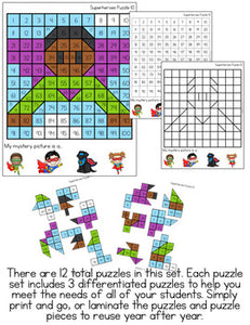 Superheroes Mystery Picture Hundred's Chart Puzzles