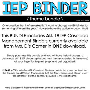 IEP Caseload Binder for Special Ed - Bundle of 18 Themes
