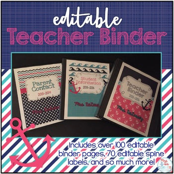 Editable Teacher Binder { Pink & Aqua Nautical } Ultimate Teacher Survivor Guide