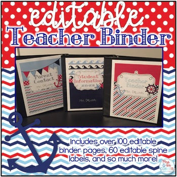Editable Teacher Binder { Navy & Red Nautical Themed } Teacher Survivor Guide