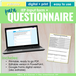Paraprofessional Support Staff IEP Input Questionnaire | Editable + Digital