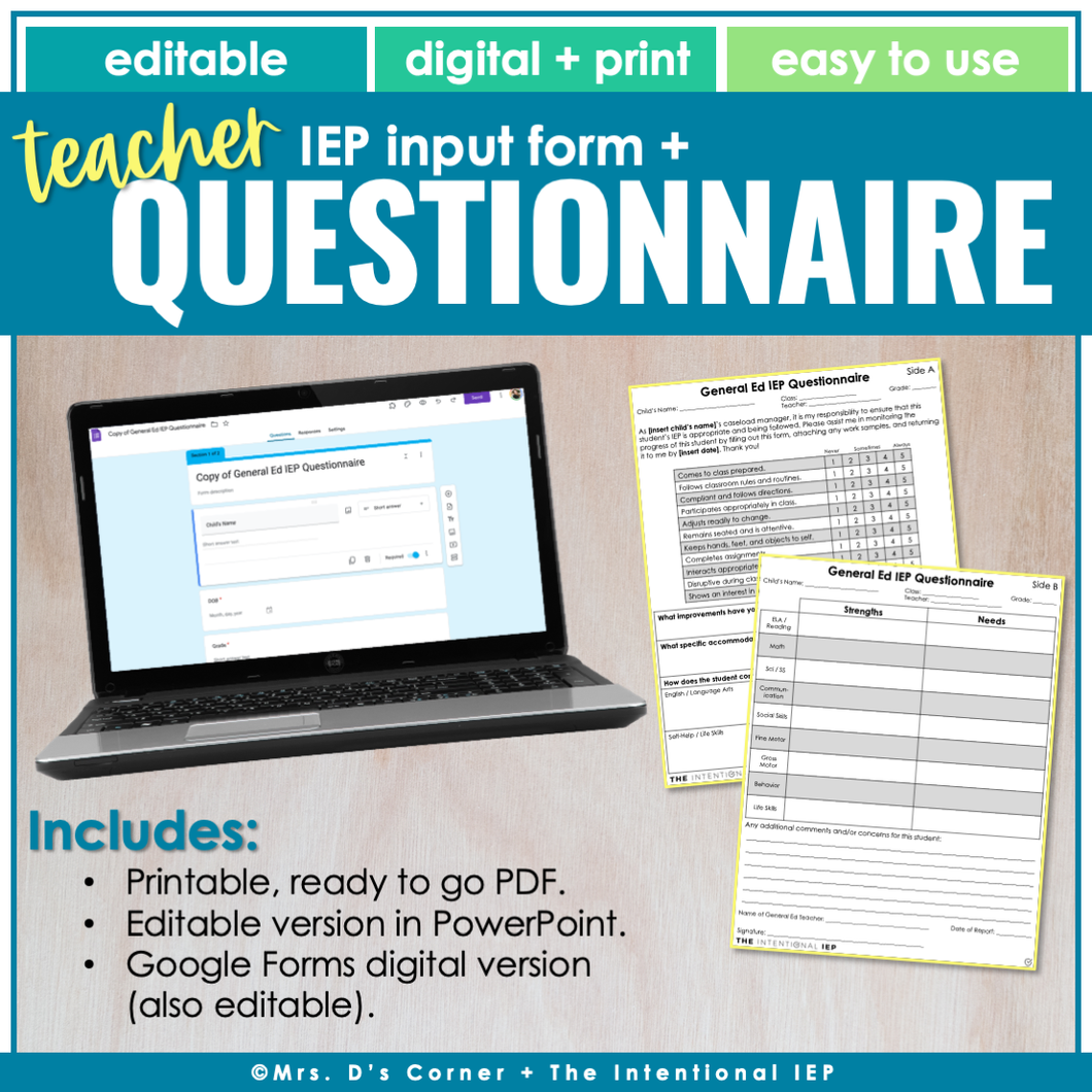 Teacher IEP Input Questionnaire | Editable + Digital